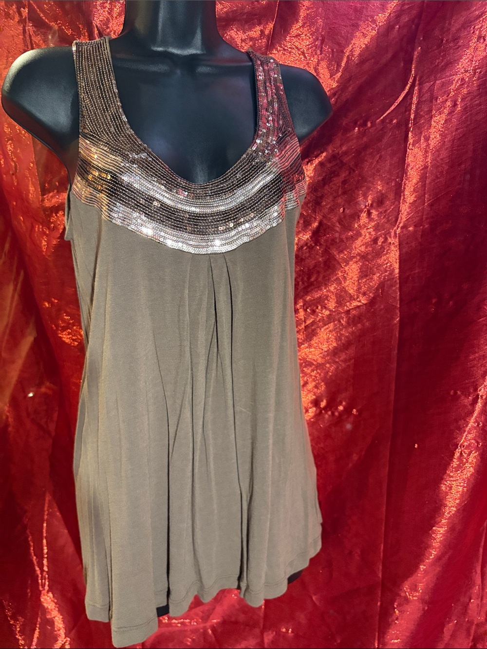 Women’s Light Brown Sequin Scoop Neck Tank Top